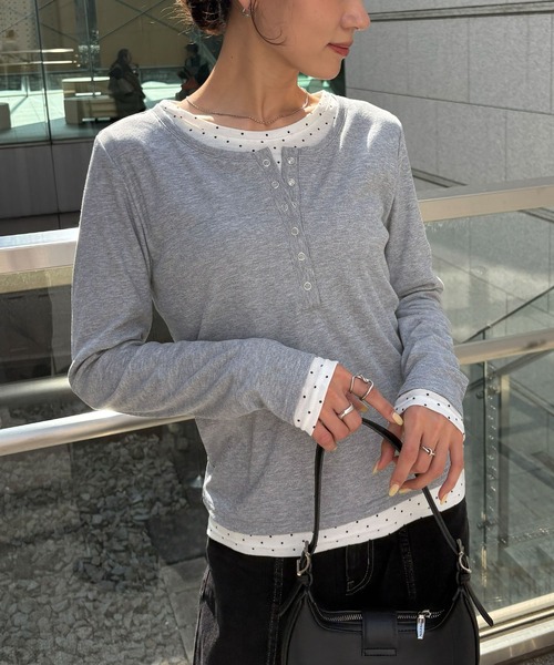 NOGLE（ノグル）の「【NOGLE/ノグル】ドットレイヤードヘンリーネックリブロンT（Tシャツ/カットソー・レディース・ブラック/ネイビー/グレー・FREE）」の14枚目の写真