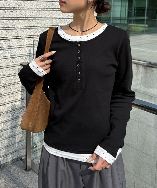 NOGLE（ノグル）の「【NOGLE/ノグル】ドットレイヤードヘンリーネックリブロンT（Tシャツ/カットソー・レディース・ブラック/ネイビー/グレー・FREE）」の4枚目の写真