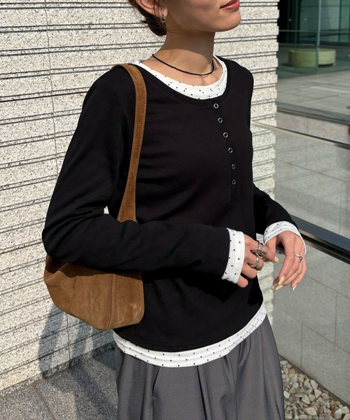 NOGLE（ノグル）の「【NOGLE/ノグル】ドットレイヤードヘンリーネックリブロンT（Tシャツ/カットソー・レディース・ブラック/ネイビー/グレー・FREE）」の5枚目の写真