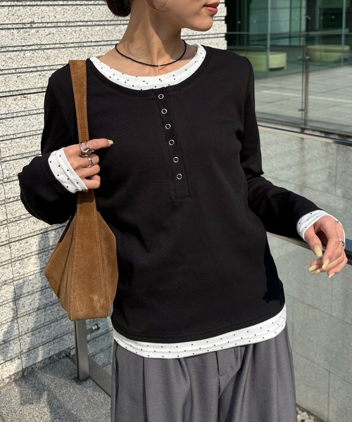 NOGLE（ノグル）の「【NOGLE/ノグル】ドットレイヤードヘンリーネックリブロンT（Tシャツ/カットソー・レディース・ブラック/ネイビー/グレー・FREE）」の11枚目の写真