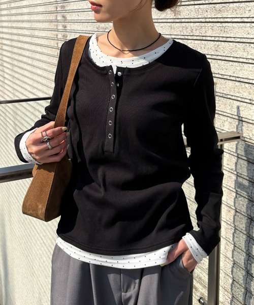 NOGLE（ノグル）の「【NOGLE/ノグル】ドットレイヤードヘンリーネックリブロンT（Tシャツ/カットソー・レディース・ブラック/ネイビー/グレー・FREE）」の6枚目の写真