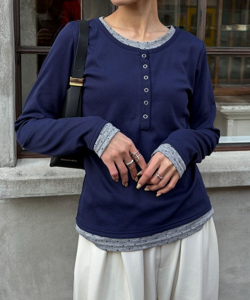 NOGLE（ノグル）の「【NOGLE/ノグル】ドットレイヤードヘンリーネックリブロンT（Tシャツ/カットソー・レディース・ブラック/ネイビー/グレー・FREE）」の22枚目の写真