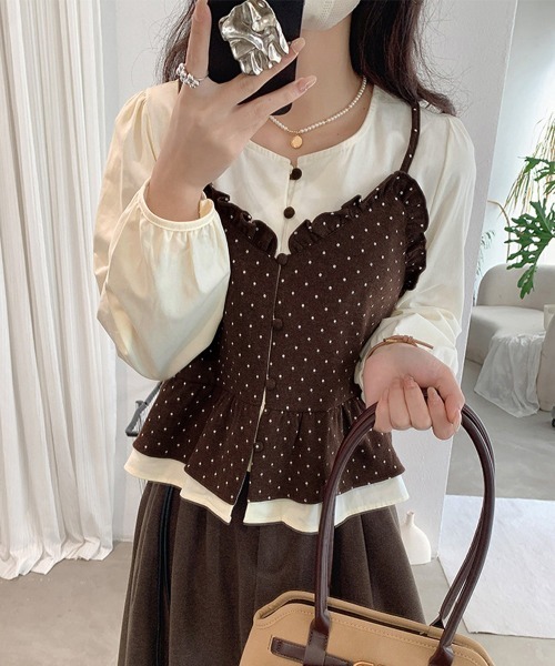 Miniministore(ミニミニストア)の「ドット柄ビスチェレイヤード風ブラウス長袖(シャツ/ブラウス・レディース・アイボリー/ブラック/ブラウン/グレー・FREE)」の4枚目の写真