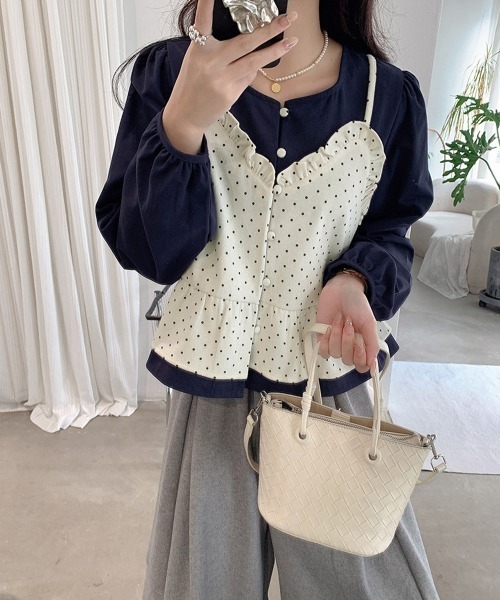 Miniministore(ミニミニストア)の「ドット柄ビスチェレイヤード風ブラウス長袖(シャツ/ブラウス・レディース・アイボリー/ブラック/ブラウン/グレー・FREE)」の2枚目の写真