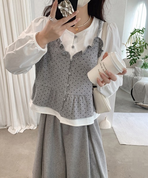 Miniministore(ミニミニストア)の「ドット柄ビスチェレイヤード風ブラウス長袖(シャツ/ブラウス・レディース・アイボリー/ブラック/ブラウン/グレー・FREE)」の5枚目の写真