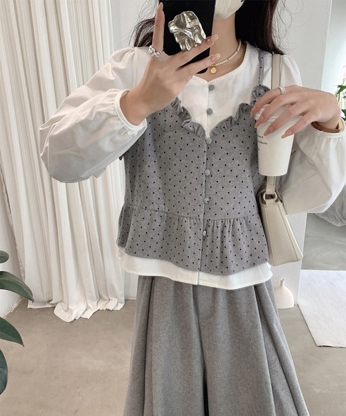Miniministore(ミニミニストア)の「ドット柄ビスチェレイヤード風ブラウス長袖(シャツ/ブラウス・レディース・アイボリー/ブラック/ブラウン/グレー・FREE)」の6枚目の写真