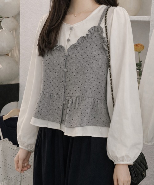 Miniministore(ミニミニストア)の「ドット柄ビスチェレイヤード風ブラウス長袖(シャツ/ブラウス・レディース・アイボリー/ブラック/ブラウン/グレー・FREE)」の7枚目の写真
