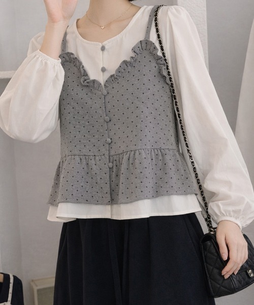 Miniministore(ミニミニストア)の「ドット柄ビスチェレイヤード風ブラウス長袖(シャツ/ブラウス・レディース・アイボリー/ブラック/ブラウン/グレー・FREE)」の8枚目の写真
