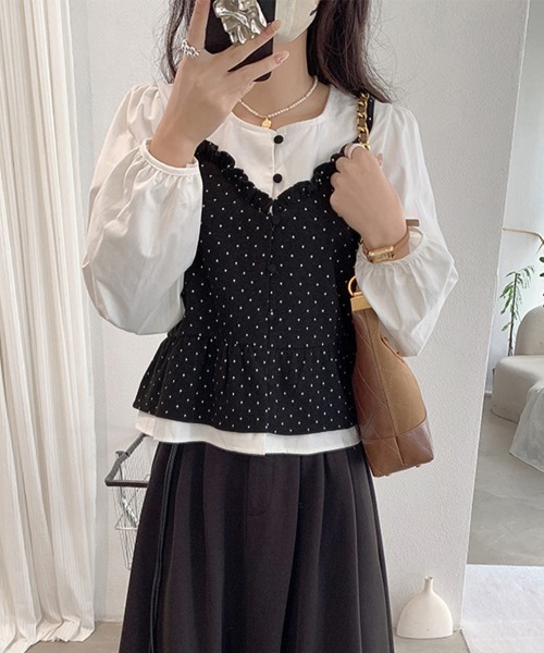 Miniministore(ミニミニストア)の「ドット柄ビスチェレイヤード風ブラウス長袖(シャツ/ブラウス・レディース・アイボリー/ブラック/ブラウン/グレー・FREE)」の9枚目の写真