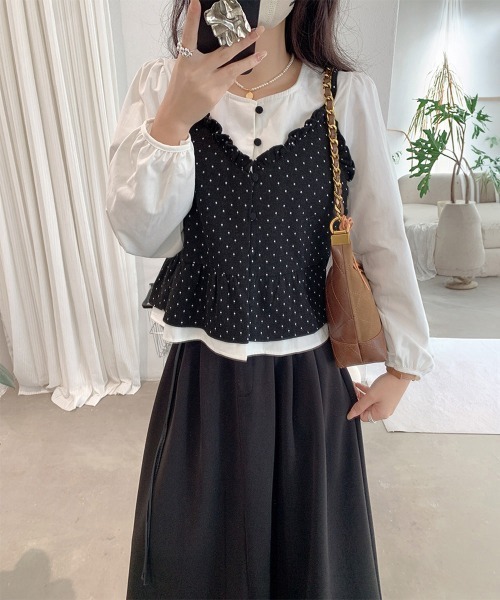 Miniministore(ミニミニストア)の「ドット柄ビスチェレイヤード風ブラウス長袖(シャツ/ブラウス・レディース・アイボリー/ブラック/ブラウン/グレー・FREE)」の10枚目の写真