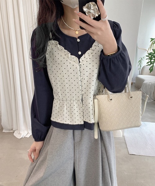 Miniministore(ミニミニストア)の「ドット柄ビスチェレイヤード風ブラウス長袖(シャツ/ブラウス・レディース・アイボリー/ブラック/ブラウン/グレー・FREE)」の11枚目の写真
