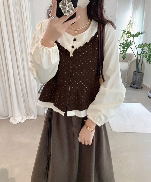 Miniministore(ミニミニストア)の「ドット柄ビスチェレイヤード風ブラウス長袖(シャツ/ブラウス・レディース・アイボリー/ブラック/ブラウン/グレー・FREE)」の13枚目の写真