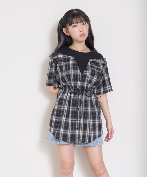 セール】シャツドッキングプルチュニックワンピ（シャツワンピース