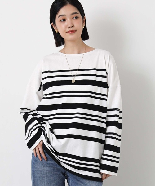 Le Minor(ルミノア)の「ルミノアボーダーロングカットソー(Tシャツ/カットソー・レディース・ブルー系/ブラック×ホワイト/ベージュ系・FREE)」の4枚目の写真