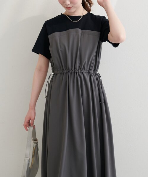 natural couture(ナチュラルクチュール)の「半袖ドッキングバルーンワンピース(ワンピース・レディース・チャコールグレー/ブラック/カーキ・FREE)」の4枚目の写真