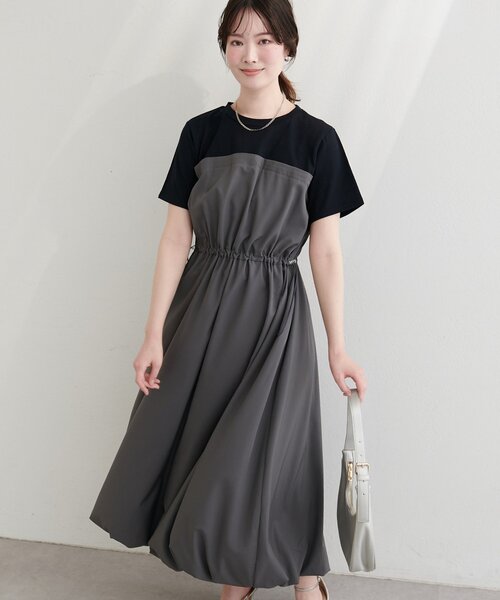 natural couture(ナチュラルクチュール)の「半袖ドッキングバルーンワンピース(ワンピース・レディース・チャコールグレー/ブラック/カーキ・FREE)」の5枚目の写真