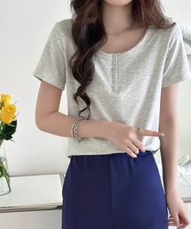 【襟ぐり広め】半袖 ヘンリーネック スナップボタン Tシャツ レディース