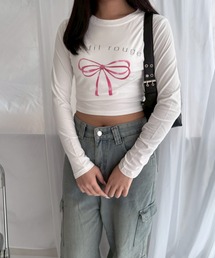 レッドリボン×ロゴショート丈ロンT/長袖Tシャツ