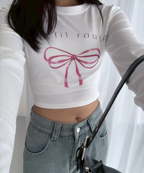 etta(エタ)の「レッドリボン×ロゴショート丈ロンT/長袖Tシャツ(Tシャツ/カットソー・レディース・ホワイト・MEDIUM)」の5枚目の写真