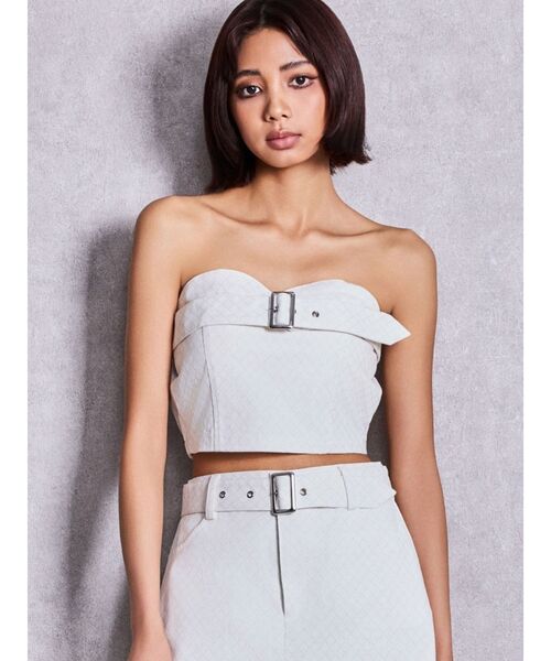 GYDA(ジェイダ)の「Glitter print beltブラウス【セットアップ着用可能】(チューブトップ・レディース・ブラック/オフホワイト・FREE)」の4枚目の写真