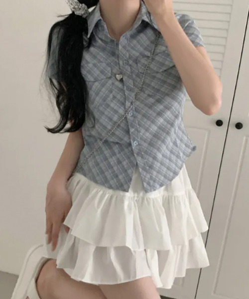 VIVID LADY(ビビッドレディー)の「チェック柄 ショート丈 半袖カラーシャツ(シャツ/ブラウス・レディース・ライトブルー/ブラック/レッド・FREE)」の9枚目の写真
