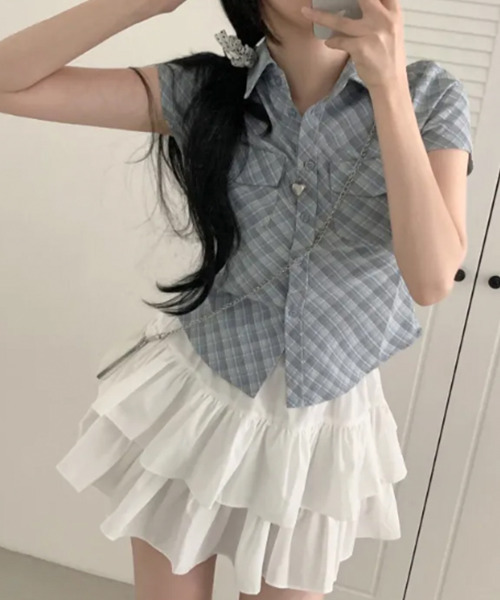 VIVID LADY(ビビッドレディー)の「チェック柄 ショート丈 半袖カラーシャツ(シャツ/ブラウス・レディース・ライトブルー/ブラック/レッド・FREE)」の11枚目の写真