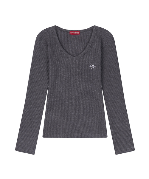 KITSCH&KISS（キッチアンドキス）の「Vネックリブ刺繍ロングスリーブ (26STP-LSTS01)（Tシャツ/カットソー・レディース・ブラック/チャコールグレー/アイボリー・FREE）」の3枚目の写真