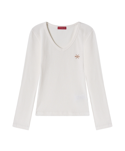 KITSCH&KISS（キッチアンドキス）の「Vネックリブ刺繍ロングスリーブ (26STP-LSTS01)（Tシャツ/カットソー・レディース・ブラック/チャコールグレー/アイボリー・FREE）」の2枚目の写真