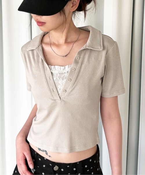 sedacle girl(セダクルガール)の「レイヤードスキッパートップス(Tシャツ/カットソー・レディース・グレイッシュベージュ/チャコールグレー/ミント・SMALL/MEDIUM)」の1枚目の写真
