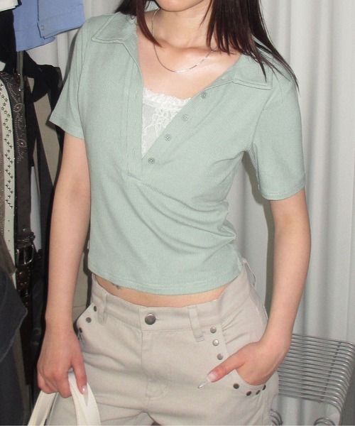 sedacle girl(セダクルガール)の「レイヤードスキッパートップス(Tシャツ/カットソー・レディース・グレイッシュベージュ/チャコールグレー/ミント・SMALL/MEDIUM)」の3枚目の写真