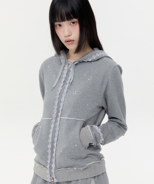 Lace Trim Hotfix Zip Hoodie — худи‑толстовка на молнии с кружевной отделкой, серый