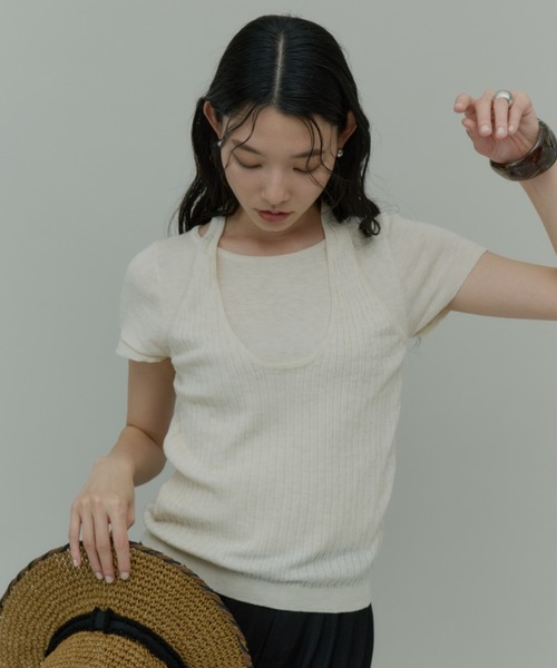 Plumel(プルメル)の「Halter Neck Layered Knit T Tops / ホルターレイヤードニットトップス(Tシャツ/カットソー・レディース・ライトグリーン/アイボリー/ブラック・MEDIUM)」の2枚目の写真