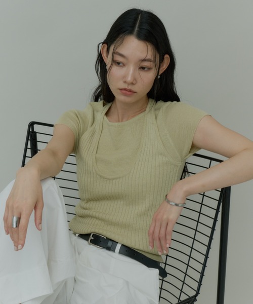 Plumel(プルメル)の「Halter Neck Layered Knit T Tops / ホルターレイヤードニットトップス(Tシャツ/カットソー・レディース・ライトグリーン/アイボリー/ブラック・MEDIUM)」の20枚目の写真