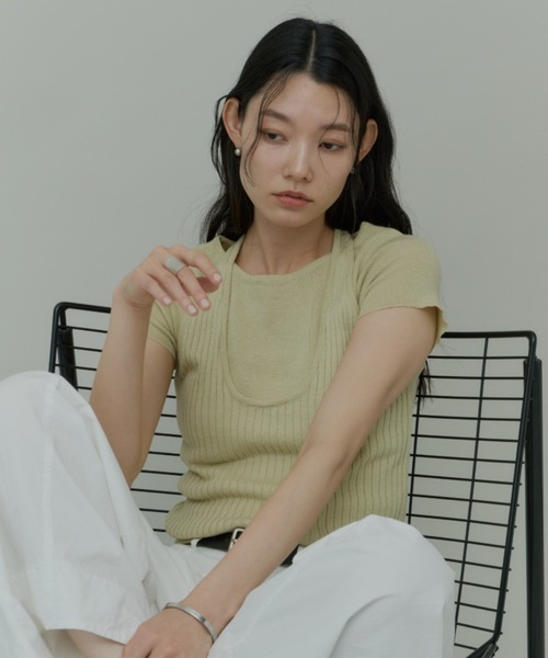 Plumel(プルメル)の「Halter Neck Layered Knit T Tops / ホルターレイヤードニットトップス(Tシャツ/カットソー・レディース・ライトグリーン/アイボリー/ブラック・MEDIUM)」の21枚目の写真
