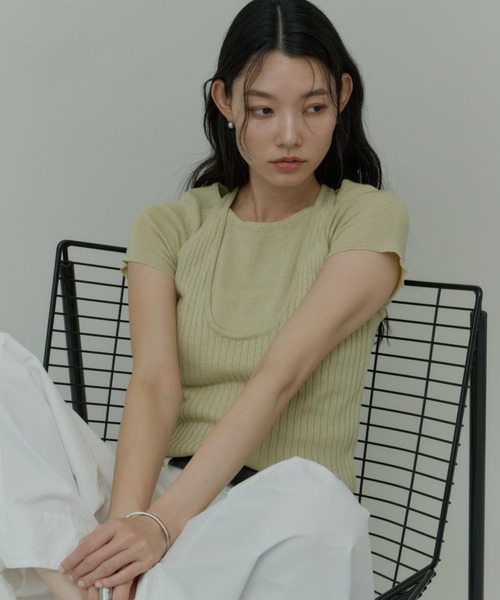 Plumel(プルメル)の「Halter Neck Layered Knit T Tops / ホルターレイヤードニットトップス(Tシャツ/カットソー・レディース・ライトグリーン/アイボリー/ブラック・MEDIUM)」の19枚目の写真