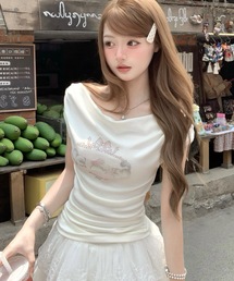 キャットプリントオフショルTシャツ