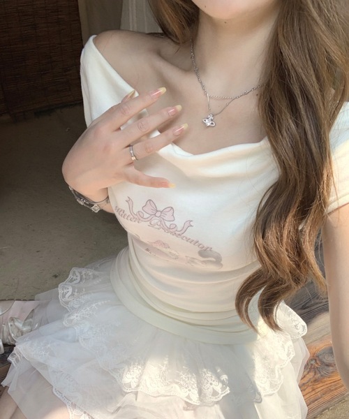 Alvia（アルビア）の「キャットプリントオフショルTシャツ（Tシャツ/カットソー・レディース・ピンク/ホワイト・M）」の4枚目の写真