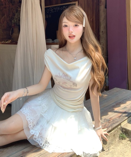 Alvia（アルビア）の「キャットプリントオフショルTシャツ（Tシャツ/カットソー・レディース・ピンク/ホワイト・M）」の6枚目の写真