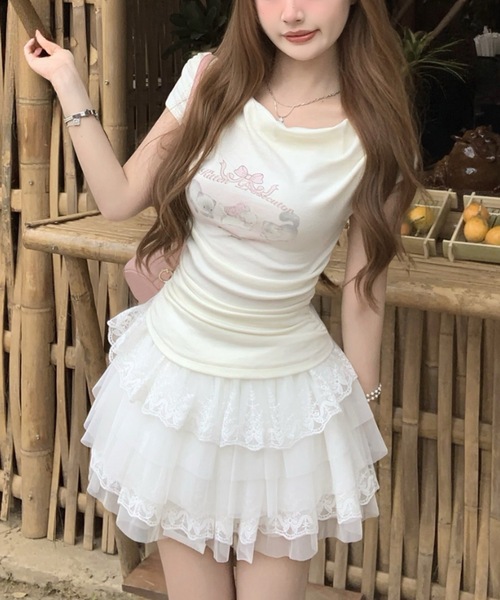Alvia（アルビア）の「キャットプリントオフショルTシャツ（Tシャツ/カットソー・レディース・ピンク/ホワイト・M）」の8枚目の写真