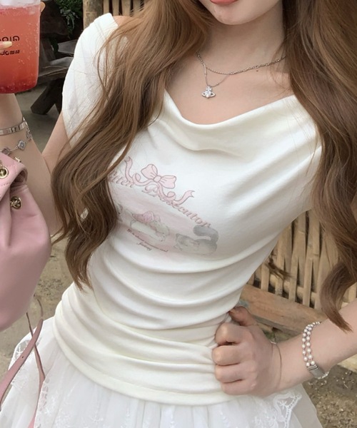 Alvia（アルビア）の「キャットプリントオフショルTシャツ（Tシャツ/カットソー・レディース・ピンク/ホワイト・M）」の9枚目の写真