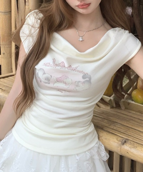 Alvia（アルビア）の「キャットプリントオフショルTシャツ（Tシャツ/カットソー・レディース・ピンク/ホワイト・M）」の7枚目の写真