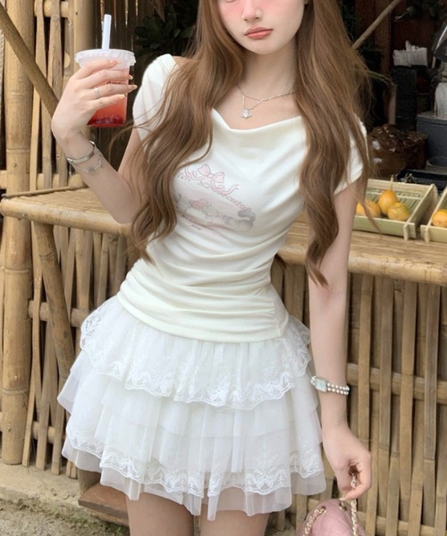 Alvia（アルビア）の「キャットプリントオフショルTシャツ（Tシャツ/カットソー・レディース・ピンク/ホワイト・M）」の13枚目の写真