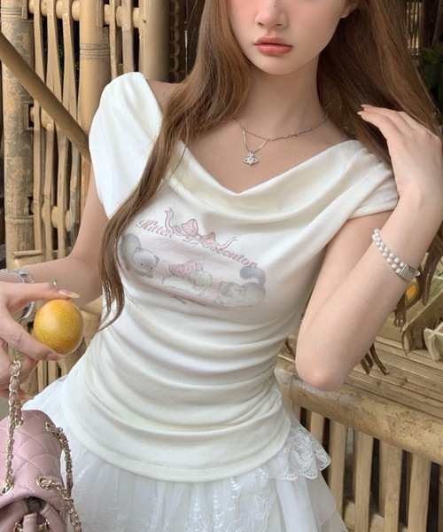 Alvia（アルビア）の「キャットプリントオフショルTシャツ（Tシャツ/カットソー・レディース・ピンク/ホワイト・M）」の15枚目の写真