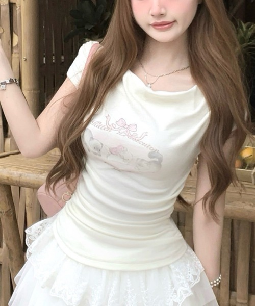 Alvia（アルビア）の「キャットプリントオフショルTシャツ（Tシャツ/カットソー・レディース・ピンク/ホワイト・M）」の16枚目の写真