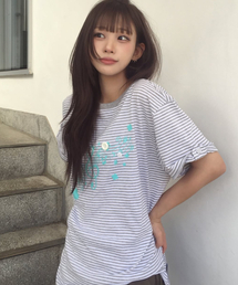ロールアップメロディオーバーサイズTシャツ[ストライプグレー]