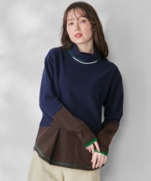 【レイヤード】ボーダー 切替 ハイネック ロンT(長袖Tシャツ・Wフェイス・マルチボーダー・配色・アメカジ)