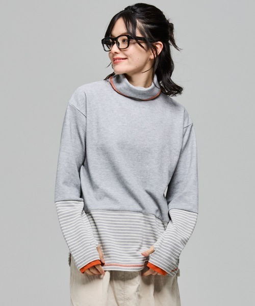 KRIFF MAYER Lady's Collection(クリフメイヤーレディースコレクション)の「【レイヤード】ボーダー 切替 ハイネック ロンT(長袖Tシャツ・Wフェイス・マルチボーダー・配色・アメカジ)(Tシャツ/カットソー・レディース・オフホワイト/カラフル/ネイビー/グレー/レンガ・MEDIUM/LARGE)」の1枚目の写真