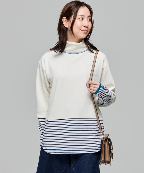 KRIFF MAYER Lady's Collection(クリフメイヤーレディースコレクション)の「【レイヤード】ボーダー 切替 ハイネック ロンT(長袖Tシャツ・Wフェイス・マルチボーダー・配色・アメカジ)(Tシャツ/カットソー・レディース・オフホワイト/カラフル/ネイビー/グレー/レンガ・MEDIUM/LARGE)」の2枚目の写真