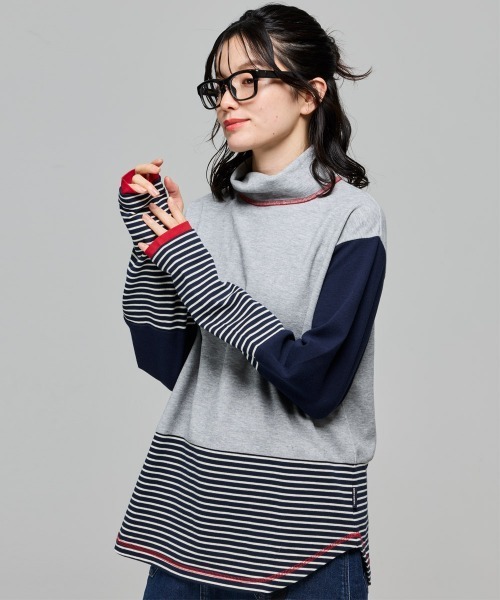 KRIFF MAYER Lady's Collection(クリフメイヤーレディースコレクション)の「【レイヤード】ボーダー 切替 ハイネック ロンT(長袖Tシャツ・Wフェイス・マルチボーダー・配色・アメカジ)(Tシャツ/カットソー・レディース・オフホワイト/カラフル/ネイビー/グレー/レンガ・MEDIUM/LARGE)」の5枚目の写真