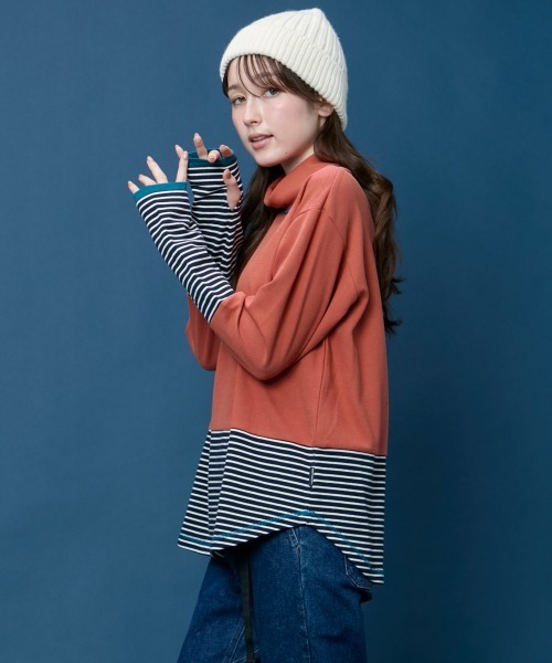 KRIFF MAYER Lady's Collection(クリフメイヤーレディースコレクション)の「【レイヤード】ボーダー 切替 ハイネック ロンT(長袖Tシャツ・Wフェイス・マルチボーダー・配色・アメカジ)(Tシャツ/カットソー・レディース・オフホワイト/カラフル/ネイビー/グレー/レンガ・MEDIUM/LARGE)」の4枚目の写真